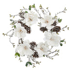 Nearly Natural 4185 24" Snowed Magnolia/Pine Cone Wreath