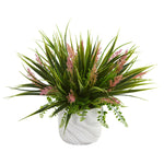 Nearly Natural 8141 11" Artificial Green Grass & Fern Plant in Marble Finished Vase