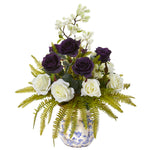 Nearly Natural A1019 22" Artificial Green, White & Purple  Rose, Thistle & Grass Arrangement in Vase
