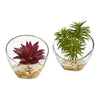 Nearly Natural 8461-S2 5" Artificial Green & Purple Succulent Plant in Slanted Glass Vase, Set of 2