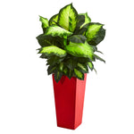 Nearly Natural 8072 38" Artificial Green Golden Dieffenbachia Plant in Red Planter