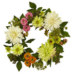 Nearly Natural 4583 22" Artificial Mixed Dahlia Mum Wreath, Multicolor