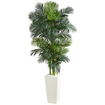 Nearly Natural 5877 7.5' Artificial Green Golden Cane Palm Tree in White Tower Planter