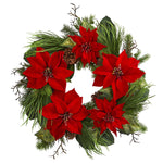 Nearly Natural 4203 28" Artificial Green & Red Poinsettia & Pine Wreath