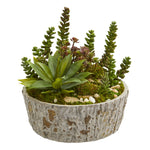 Nearly Natural 8270 9" Artificial Green Mini Succulent Garden Plant in Weathered Oak Planter