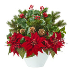 Nearly Natural A1095 18" Artificial Green & Red Poinsettia, Holly Leaf & Pine Arrangement in White Vase