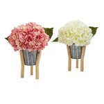 Nearly Natural A1213-S2 11" Artificial Light Red & Cream Hydrangea Arrangement in Tin Planter with Legs, Set of 2