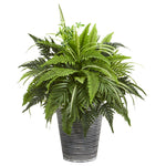 Nearly Natural 8947 23" Artificial Green Mixed Greens & Fern Plant in Tin Planter with Black Pattern
