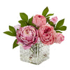 Nearly Natural 4577 8.5" Artificial Green & Pink Peony in Glass Vase