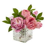 Nearly Natural 4577 8.5" Artificial Green & Pink Peony in Glass Vase