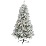 Nearly Natural 5` Flocked Rock Springs Spruce Artificial Christmas Tree with 150 Clear LED Lights