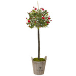 Nearly Natural 5964 4.5' Artificial Green & Red Rose Topiary with Farmhouse Planter