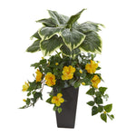 Nearly Natural 8571 32" Artificial Green & Yellow Hosta & Hibiscus Plant in Black Vase