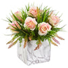 Nearly Natural Roses & Grass Artificial Arrangement in Marble Finished Vase