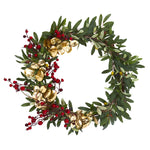 Nearly Natural 4410 21" Artificial Olive, Berries & Gold Eucalyptus Wreath, Multicolor