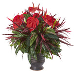 Nearly Natural P1035 24" Artificial Green & Red Mixed Anthurium Plant in Ribbed Metal Planter