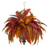 Nearly Natural 8617 28" Artificial Orange Autumn Boston Fern Plant in Hanging Metal Bowl