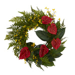 Nearly Natural 24`` Mixed Fern, Anthurium and Forsythia Artificial Wreath