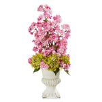 Nearly Natural A1117 29" Artificial Pink Hydrangea & Cherry Blossom Arrangement in White Urn