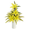 Nearly Natural 22`` Lily and Fern Artificial Arrangement in White Vase