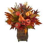 Nearly Natural 21`` Pumpkin, Maple Leaf and Sorghum Harvest Artificial Arrangement in Metal Planter