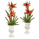 Nearly Natural A1267-S2 19" Artificial Green & Orange Bird of Paradise & Cactus Arrangement in White Urn, Set of 2