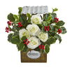 Nearly Natural A1088 14" Artificial Green & White Rose & Variegated Holly Leaf Arrangement in Tin Roof Planter