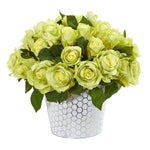 Nearly Natural 11`` Rose Artificial Arrangement in Embossed White Planter