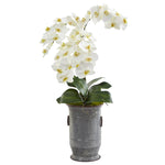 Nearly Natural A1351 32" Artificial Green & White Phalaenopsis Orchid Arrangement in Vintage Metal Planter