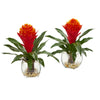 Nearly Natural 8500-S2 11" Artificial Green & Red Bromeliad Plant in Vase, Set of 2