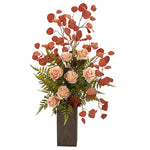 Nearly Natural A1163 33" Artificial Peach Rose, Eucalyptus & Fern Arrangement in Weathered Brown Planter