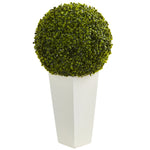 Nearly Natural 6404 28" Artificial Green Boxwood Topiary Ball Plant in White Tower Planter (Indoor/Outdoor)