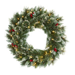 Nearly Natural 24`` Frosted Swiss Pine Artificial Wreath with 35 Clear LED Lights and Berries