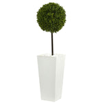 Nearly Natural 5706 3.5' Artificial Green Boxwood Ball Topiary Tree in White Tower Planter, UV Resistant (Indoor/Outdoor)