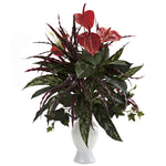 Nearly Natural 6779 Anthurium with Mixed Greens & White Vase