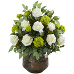 Nearly Natural A1214 22" Artificial Green & White Rose & Snowball Hydrangea Arrangement in Designer Vase