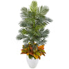 Nearly Natural 8690 56" Artificial Green Areca Palm & Croton Plant in White Planter