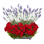 Nearly Natural 20`` Geranium and Lavender Artificial Plant in in Metal Tray