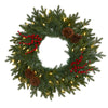 Nearly Natural 24`` Green Pine Artificial Christmas Wreath with 50 Warm White LED Lights, Berries and Pine Cones