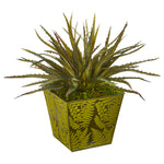 Nearly Natural 8942 12" Artificial Green Aloe Succulent Plant in Green Tin Planter
