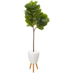 Nearly Natural T1115 69" Artificial Green Fiddle Leaf Tree in White Planter with Stand