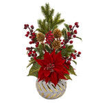 Nearly Natural 1919 19" Artificial Red Poinsettia, Berry & Pine Arrangement in Designer Vase