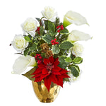 Nearly Natural 1985 19" Artificial Green & White Holiday Inspired Arrangement in Gold Vase