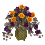 Nearly Natural A1025 22" Artificial Purple & Orange Rose & Gloxinia Arrangement in Metal Vase