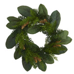 Nearly Natural 16`` Magnolia Leaf and Mixed Pine Artificial Wreath with Pine Cones