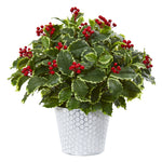 Nearly Natural 8922 17" Artificial Green & Red Real Touch Variegated Holly Leaf Plant in Decorative Planter