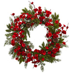 Nearly Natural 4551 24" Artificial Red Plum Blossom Pine Wreath