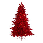 Nearly Natural 6` Red Flocked Fraser Fir Artificial Christmas Tree with 350 Red Lights, 33 Globe Bulbs and 748 Bendable Branches