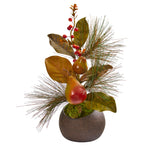 Nearly Natural A1257 16" Artificial Pear, Pine & Magnolia Leaf Arrangement in Stone Vase, Multicolor