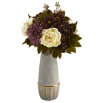 Nearly Natural 24``Peony, Hydrangea and Dahlia Artificial Arrangement in Stoneware Vase with Gold Trimming